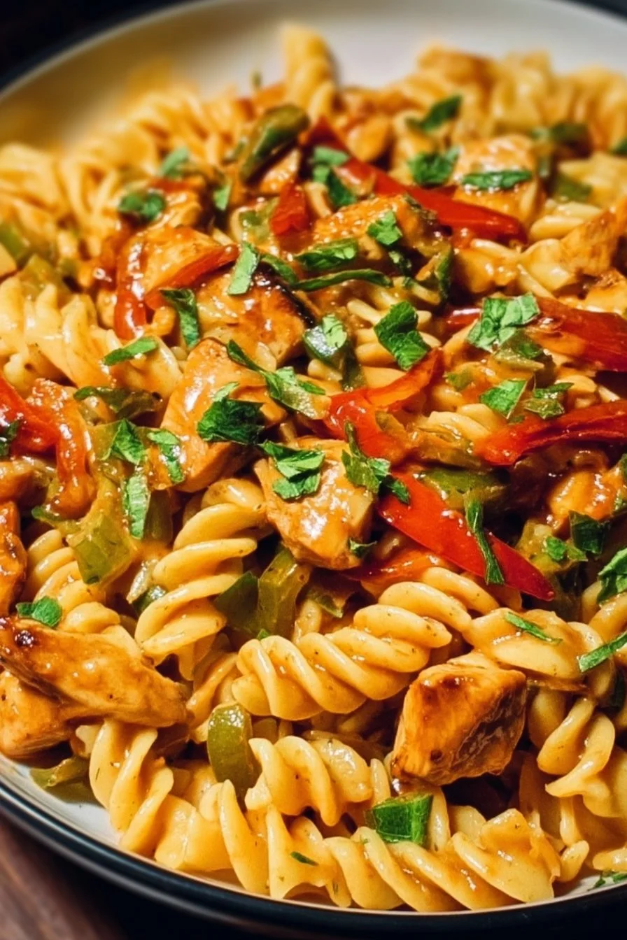 Delicious Chicken Fajita Pasta served with colorful bell peppers and spices