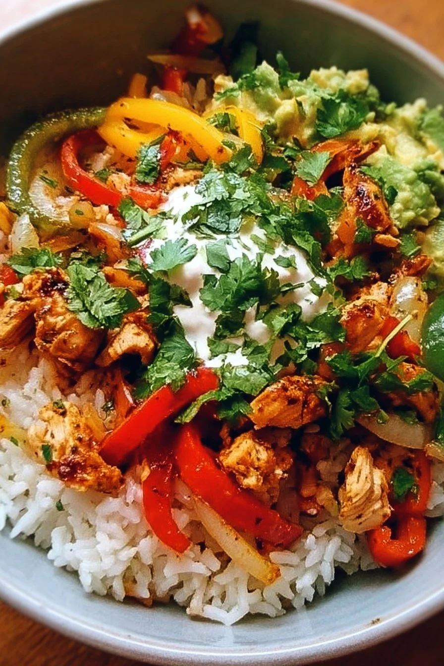 Delicious Chicken Fajita Rice Bowl with colorful vegetables and seasoned chicken