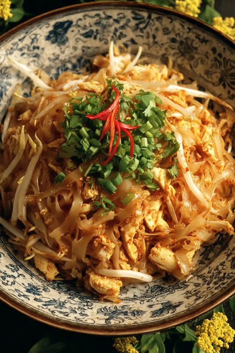 Plate of Chicken Pad Thai garnished with lime and peanuts