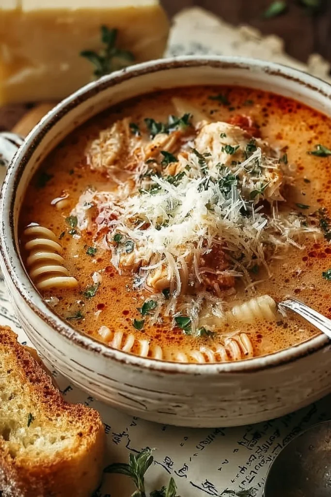 Creamy Chicken Parmesan Soup topped with cheese and herbs in a bowl