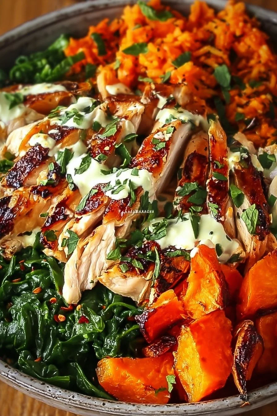 Chicken Sweet Potato Bowl with vegetables and sauce for a nutritious meal