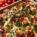 Delicious Chicken Tzatziki Casserole topped with fresh herbs and sauce