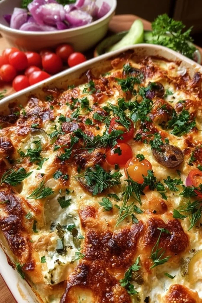 Delicious Chicken Tzatziki Casserole topped with fresh herbs and sauce
