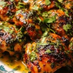 Cilantro lime chicken thighs garnished with fresh cilantro and lime wedges