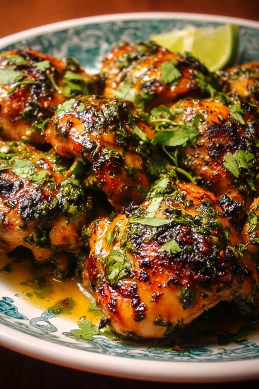 Cilantro lime chicken thighs garnished with fresh cilantro and lime wedges