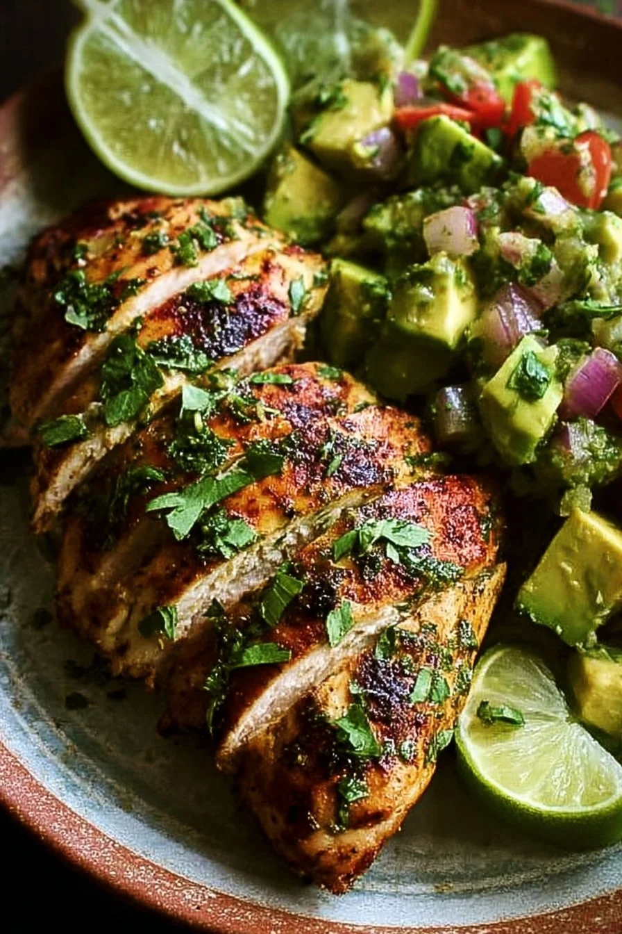 Cilantro Lime Chicken garnished with fresh avocado salsa on a plate