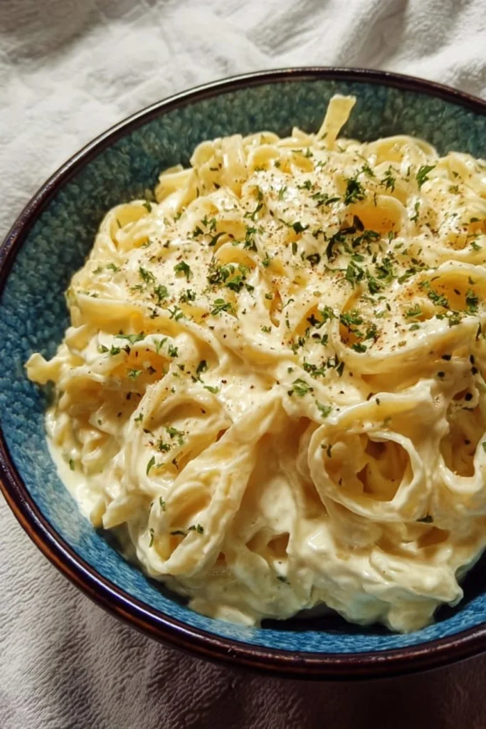 Creamy Cottage Cheese Alfredo sauce served with pasta