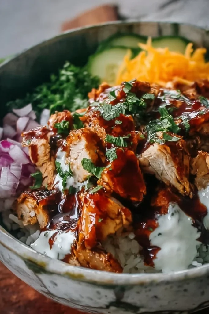 Healthy Cottage Cheese BBQ Chicken Bowl served in a vibrant dish