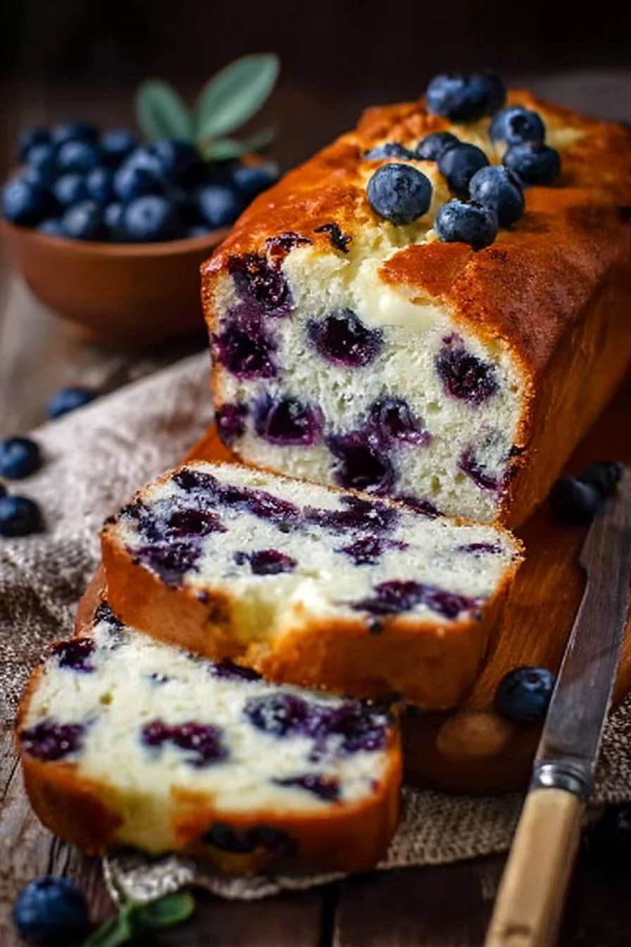 Freshly baked Cottage Cheese Blueberry Bread with blueberries on top