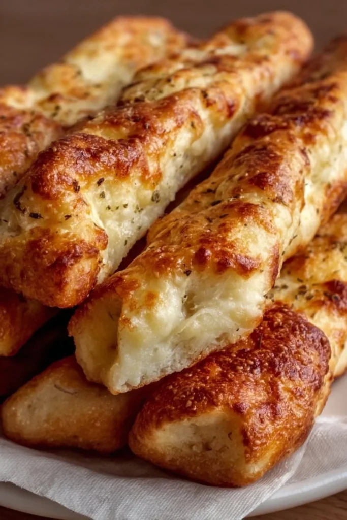 Freshly baked cottage cheese breadsticks on a wooden board
