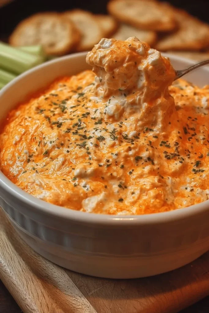 Cottage Cheese Buffalo Chicken Dip served in a bowl, perfect for snacks.