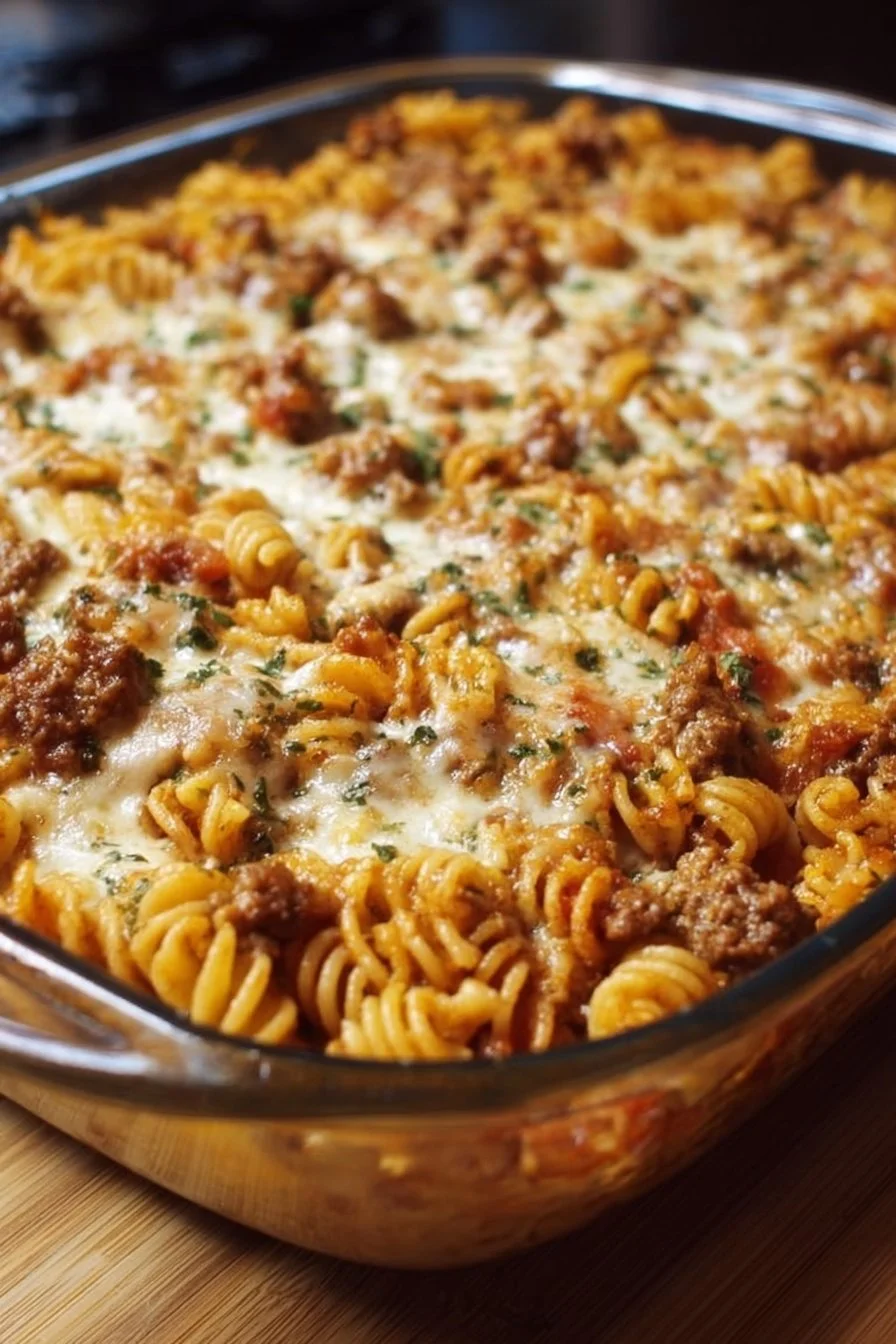 Cottage Cheese Protein Pasta Bake with Ground Beef 3 Baked cottage cheese pasta with ground beef topped with cheese and herbs