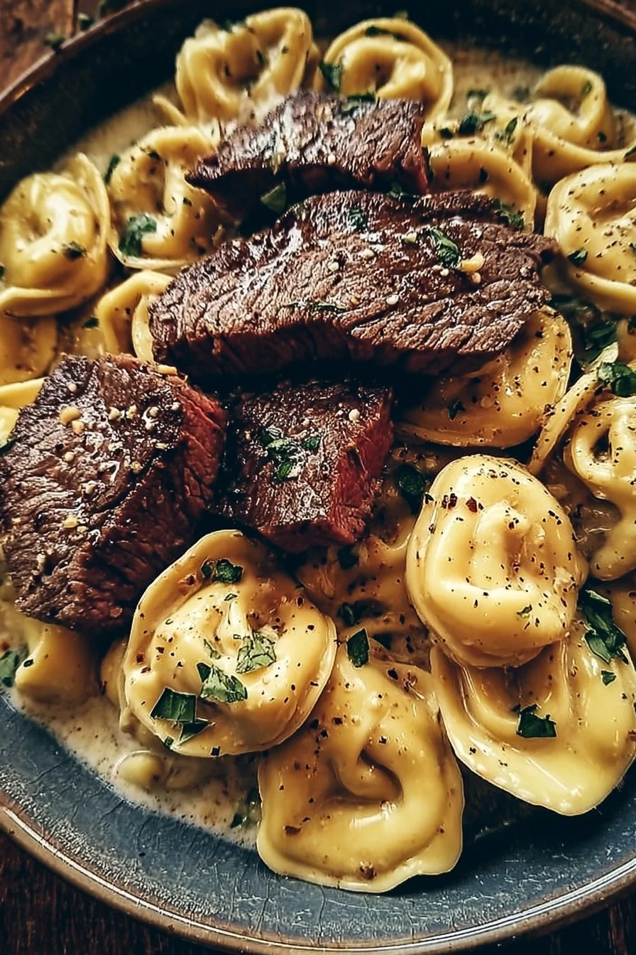 Delicious Cracked Garlic Steak Tortellini prepared with garlic and steak