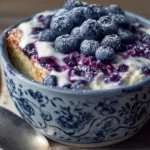 Creamy blueberry cottage cheese breakfast bowl topped with fresh blueberries.