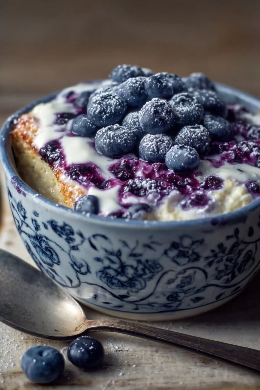 Creamy blueberry cottage cheese breakfast bowl topped with fresh blueberries.