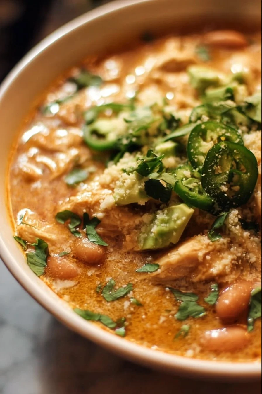 Bowl of creamy chicken chili topped with fresh herbs
