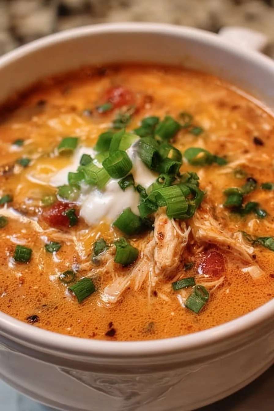 Bowl of creamy chicken enchilada soup topped with fresh cilantro and cheese