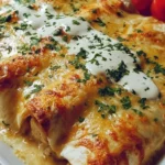 Creamy chicken enchiladas topped with cheese and cilantro ready to serve.