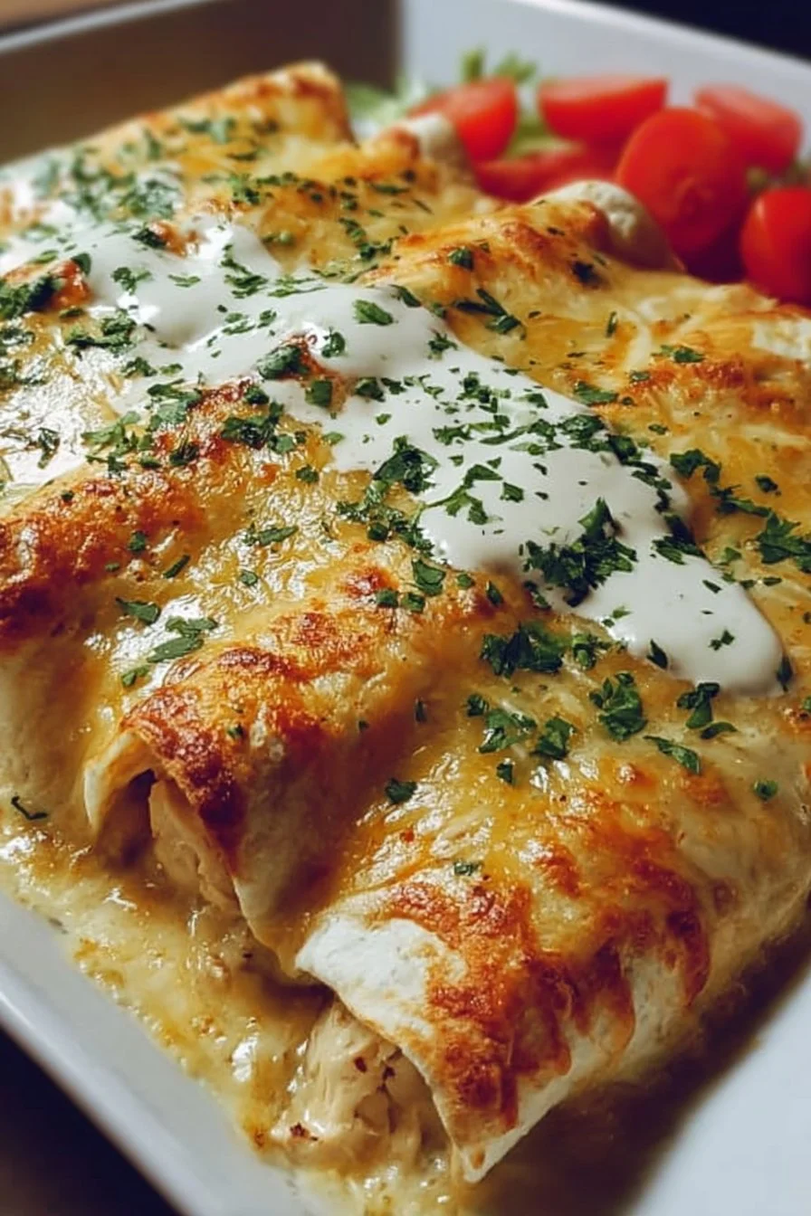 Creamy Chicken Enchiladas 3 Creamy chicken enchiladas topped with cheese and cilantro ready to serve.