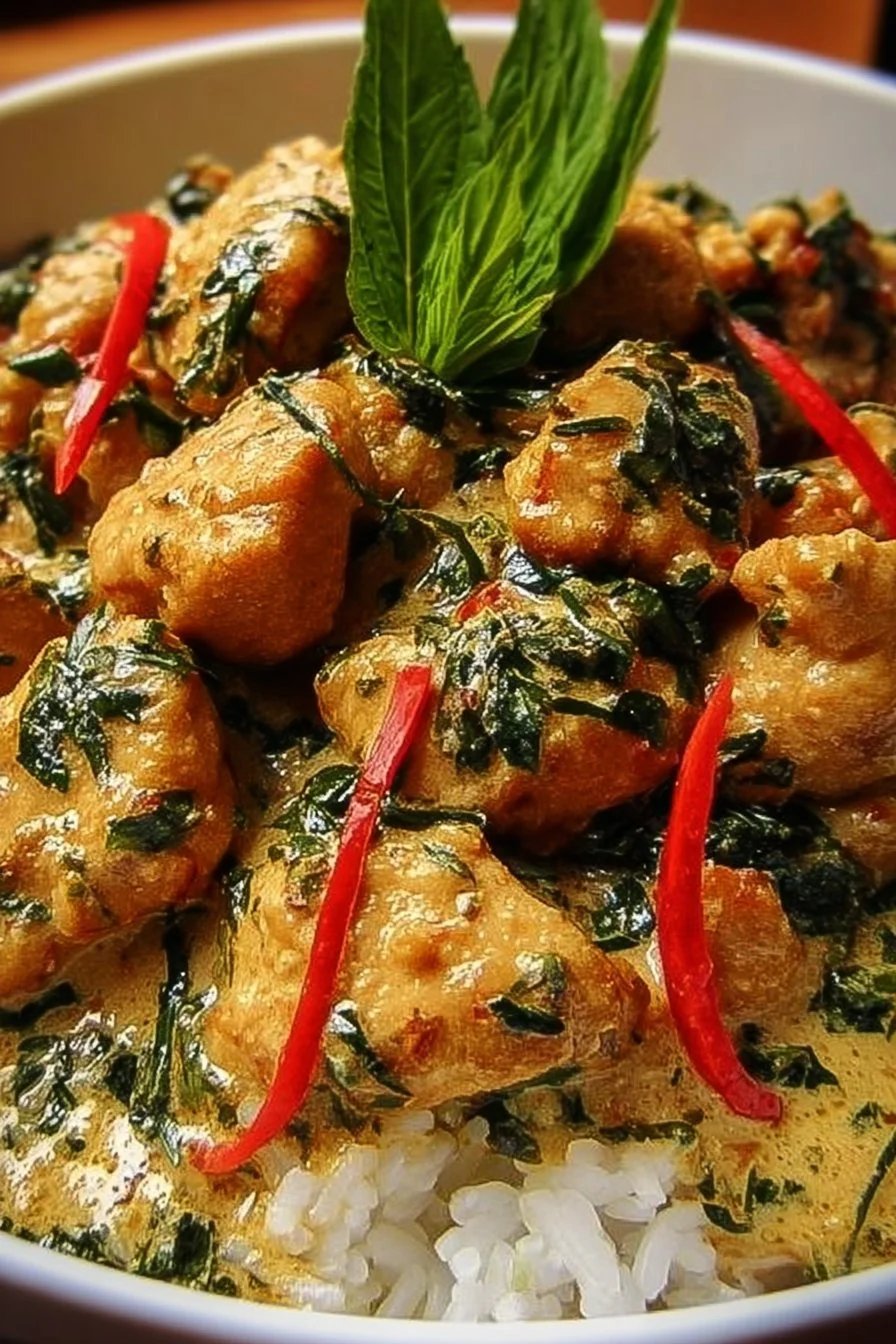 Delicious creamy coconut basil chicken served with fresh herbs.