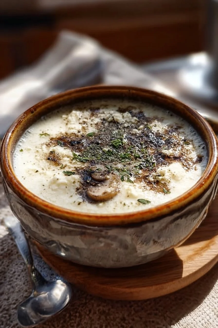 Delicious creamy cottage cheese soup in a bowl with herbs on top