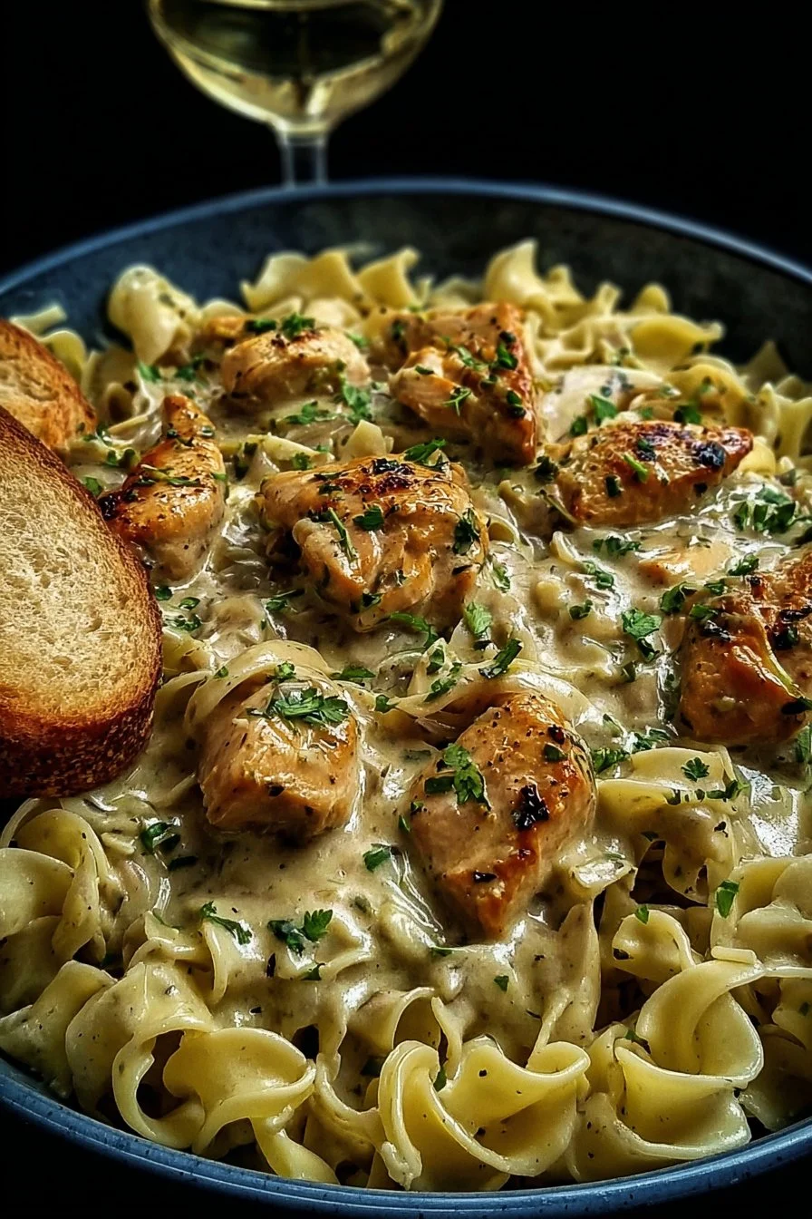 Creamy garlic butter chicken served with egg noodles for a delicious meal