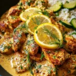 Creamy lemon butter chicken garnished with fresh herbs and served on a plate.