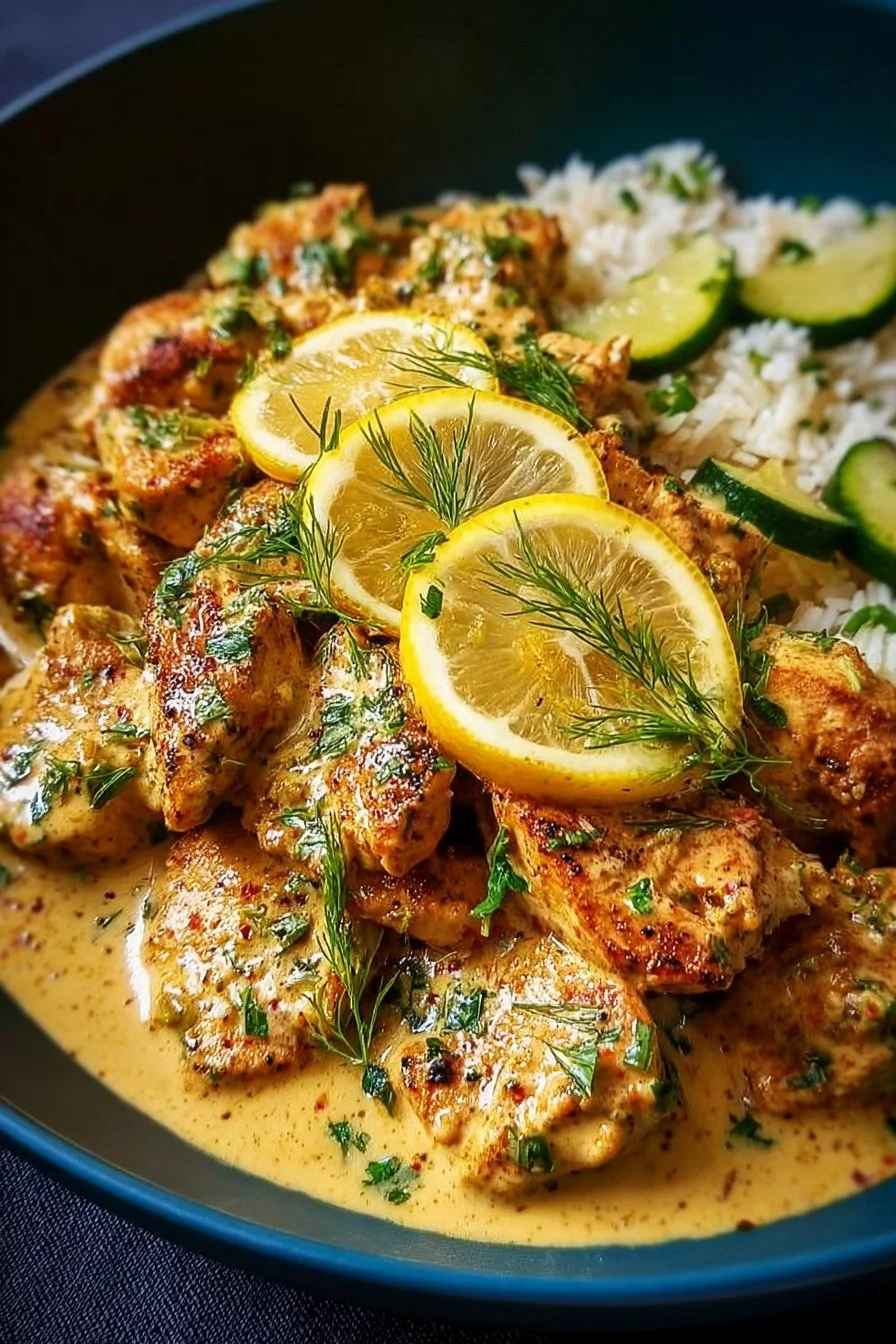 Creamy lemon butter chicken garnished with fresh herbs and served on a plate.