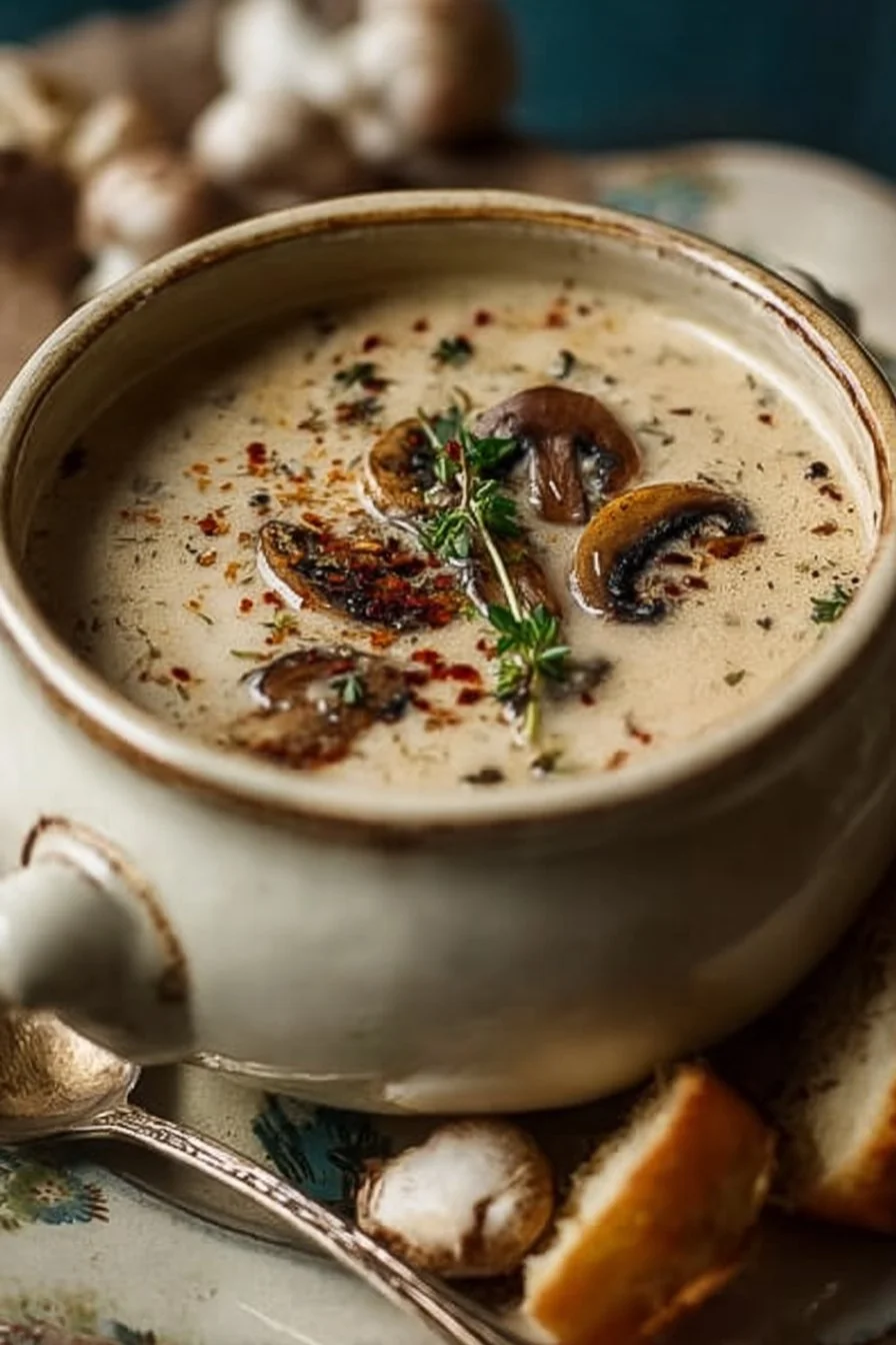 Bowl of creamy mushroom soup garnished with fresh herbs.