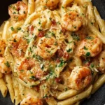 Creamy prawn pasta dish served with fresh herbs and parmesan cheese