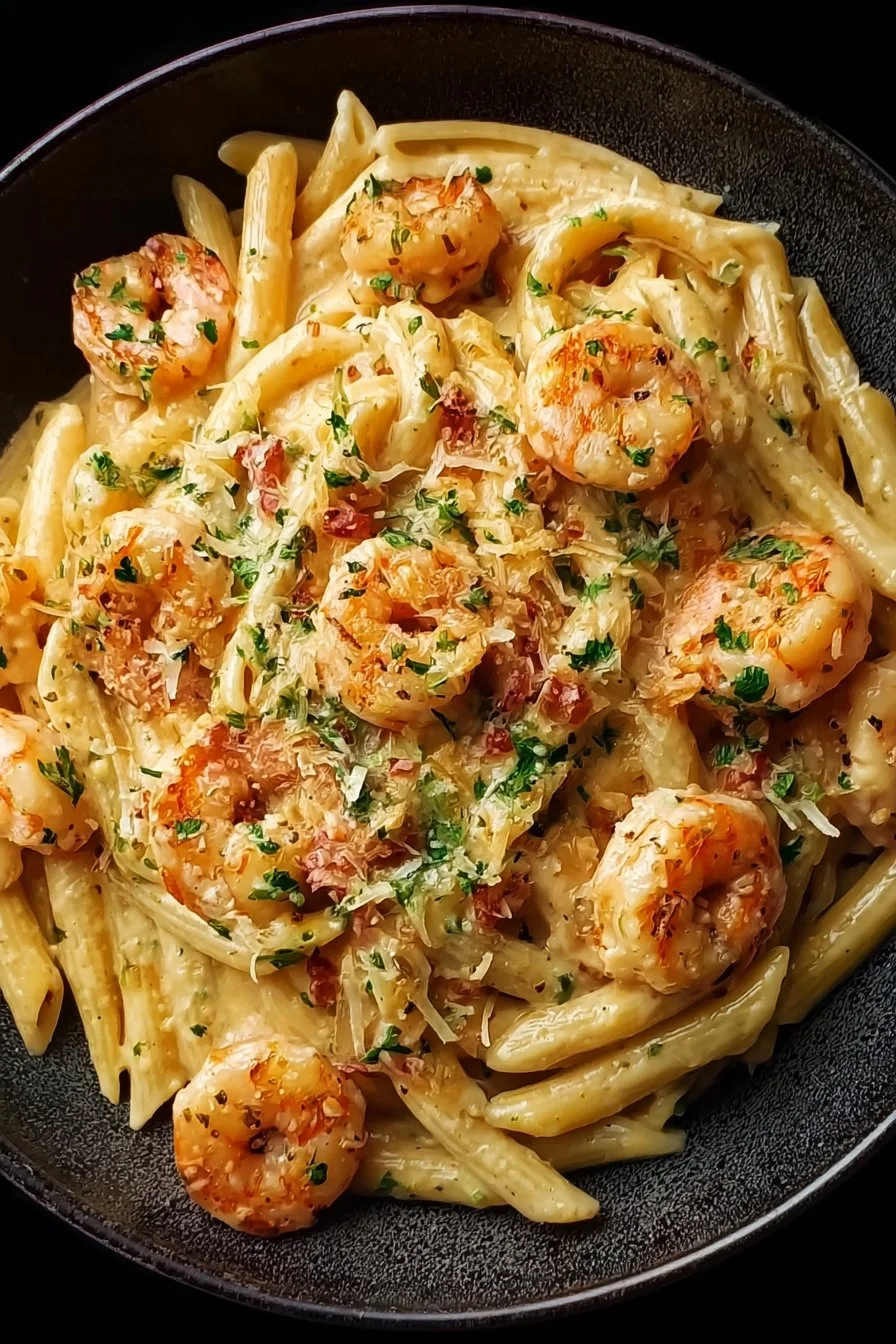 Creamy Prawn Pasta 3 Creamy prawn pasta dish served with fresh herbs and parmesan cheese