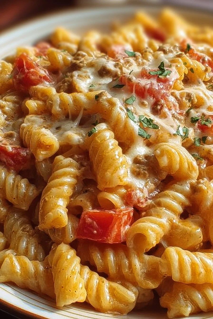 Creamy Rotel Pasta dish with cheese, tomatoes, and spices