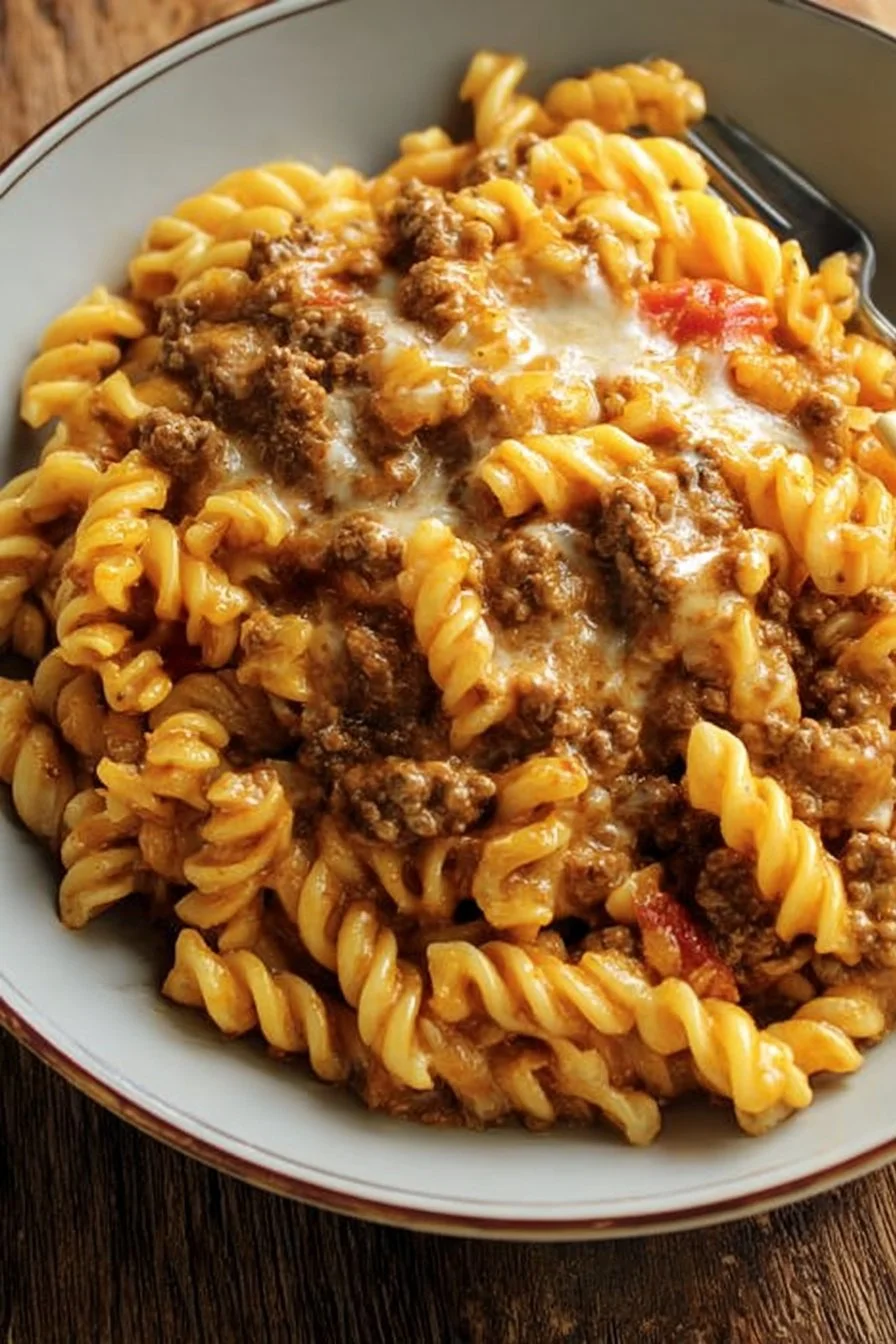 Creamy Rotel pasta dish with ground beef served on a plate