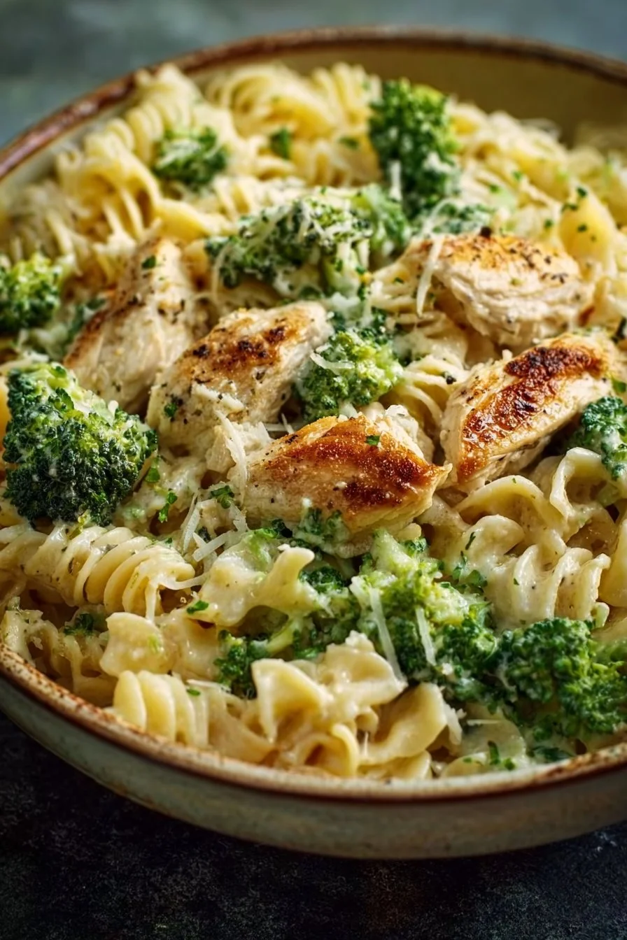 Creamy rotisserie chicken broccoli pasta in a bowl garnished with herbs