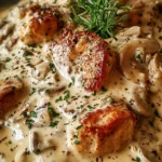 Delicious creamy smothered chicken served on a plate with rich gravy and herbs.