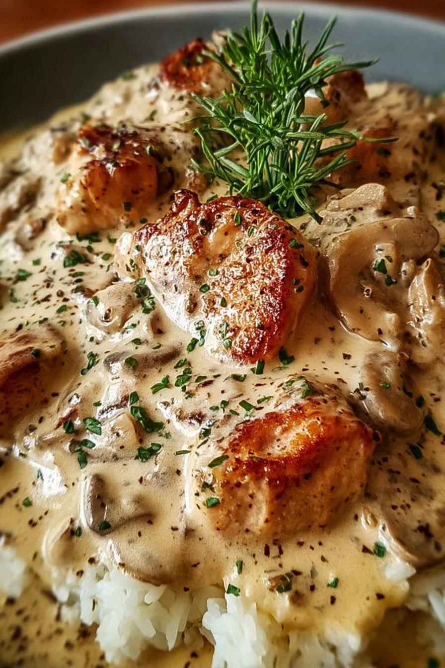 Delicious creamy smothered chicken served on a plate with rich gravy and herbs.