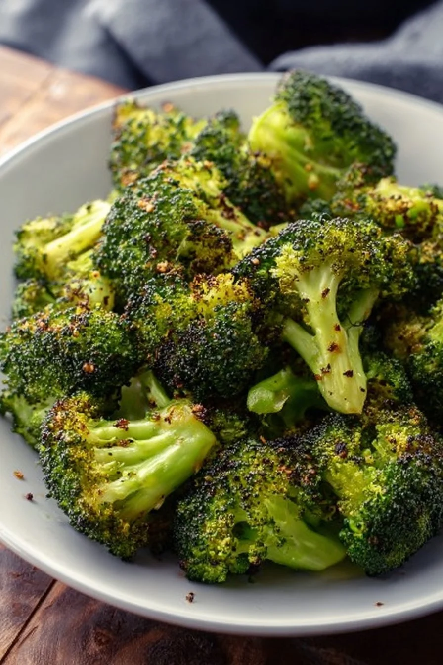 Crispy air fryer broccoli served in a bowl, garnished with herbs
