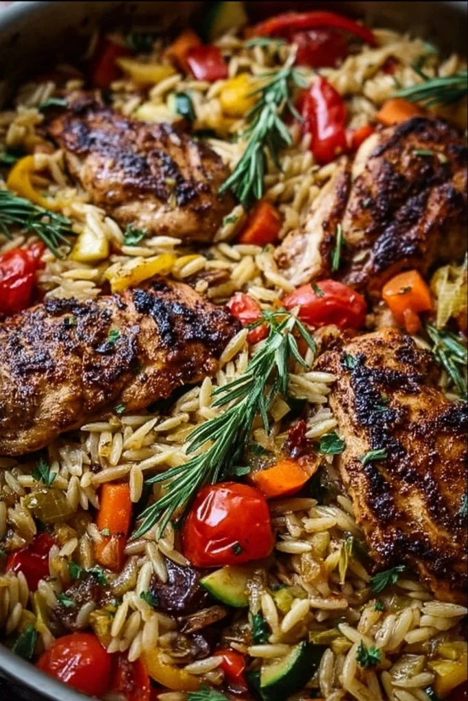 Crispy Balsamic Chicken served with colorful veggie orzo