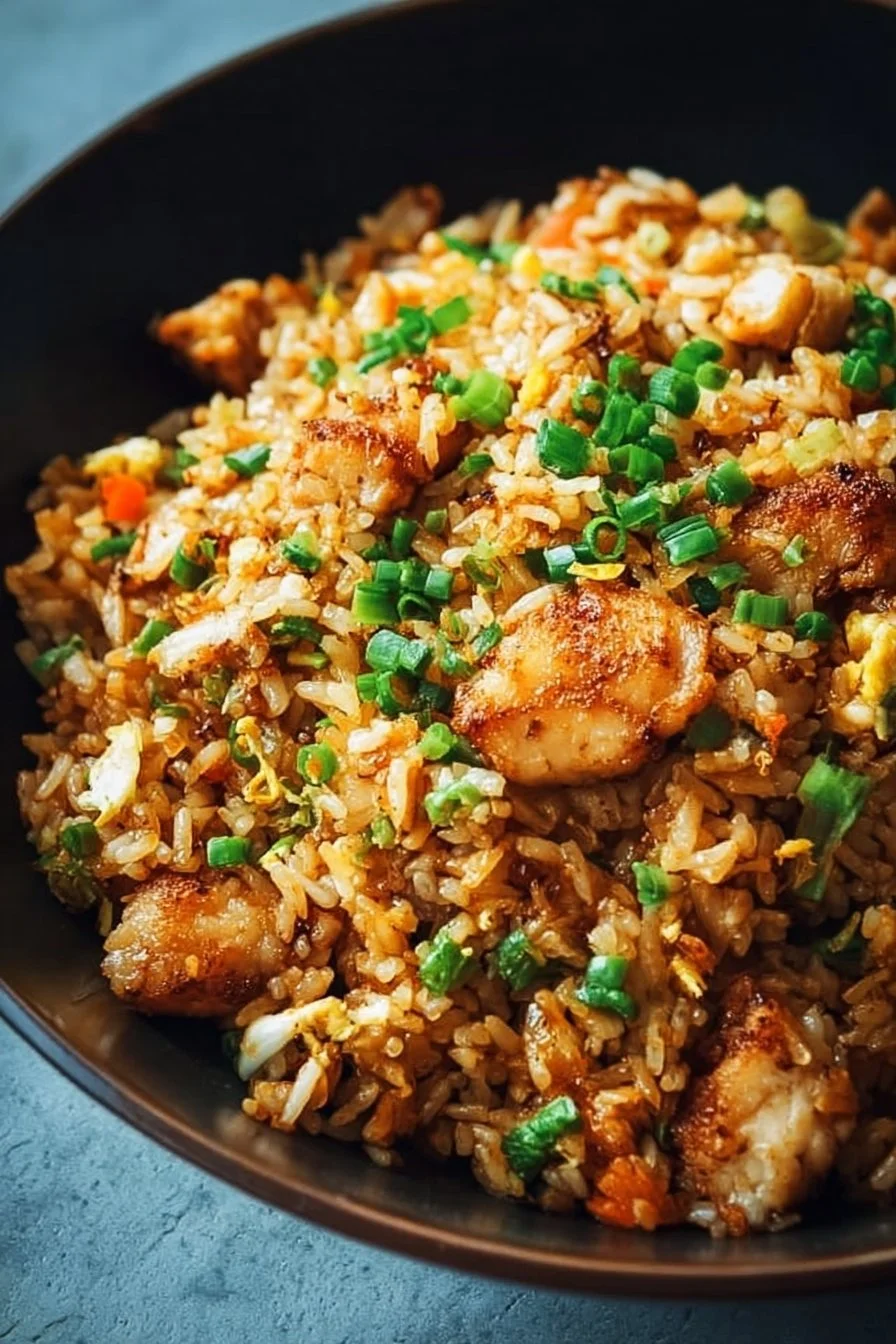 Plate of crispy garlic chicken fried rice garnished with green onions