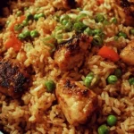Plate of crispy garlic chicken fried rice garnished with fresh herbs