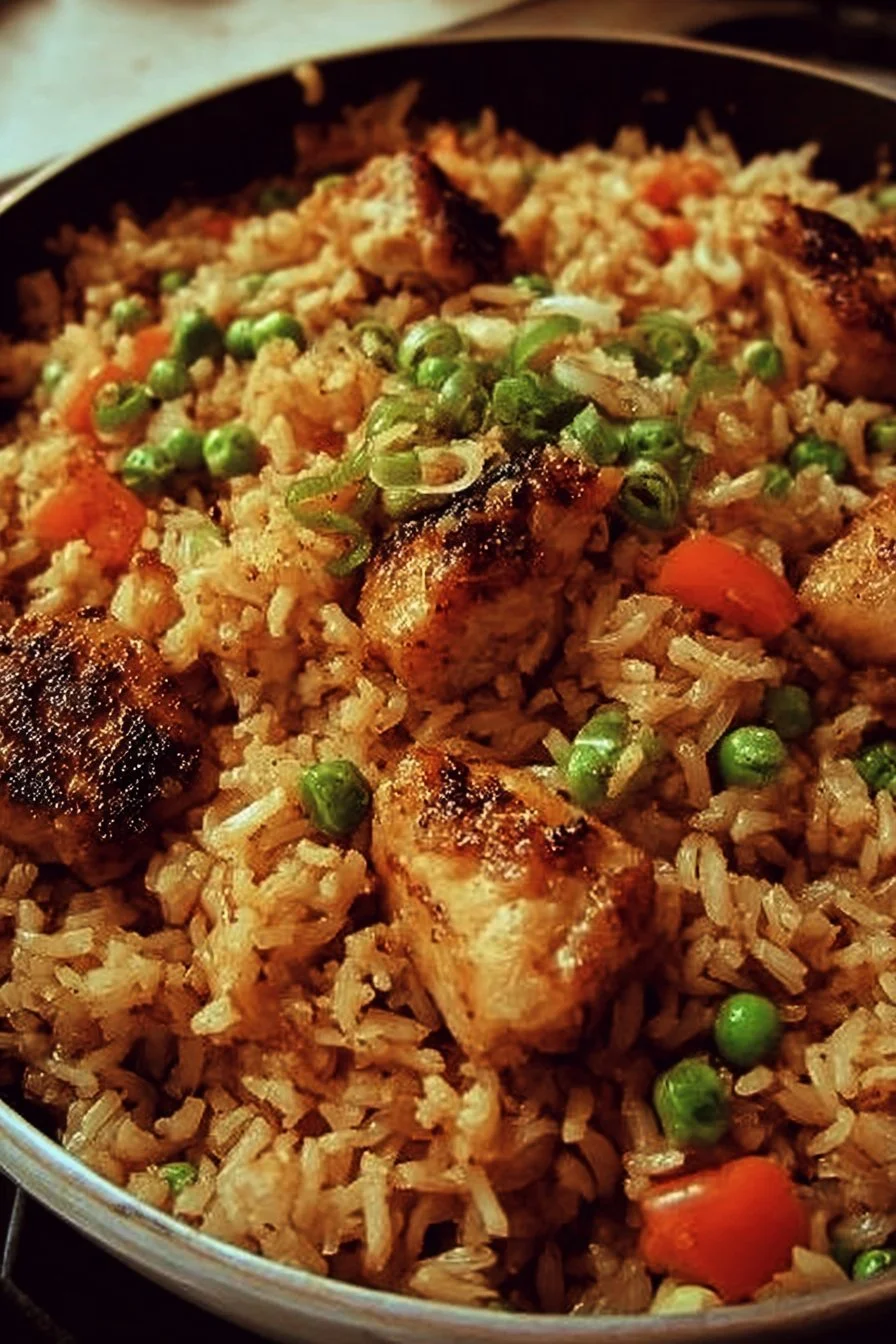 Plate of crispy garlic chicken fried rice garnished with fresh herbs
