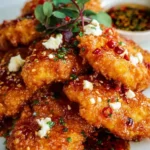 Crispy Hot Honey Feta Chicken garnished with herbs and drizzled with honey