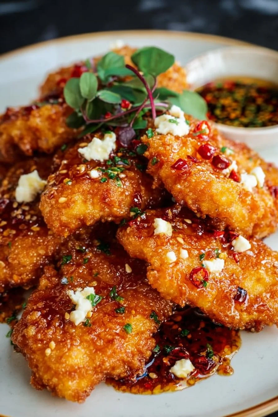 Crispy Hot Honey Feta Chicken garnished with herbs and drizzled with honey