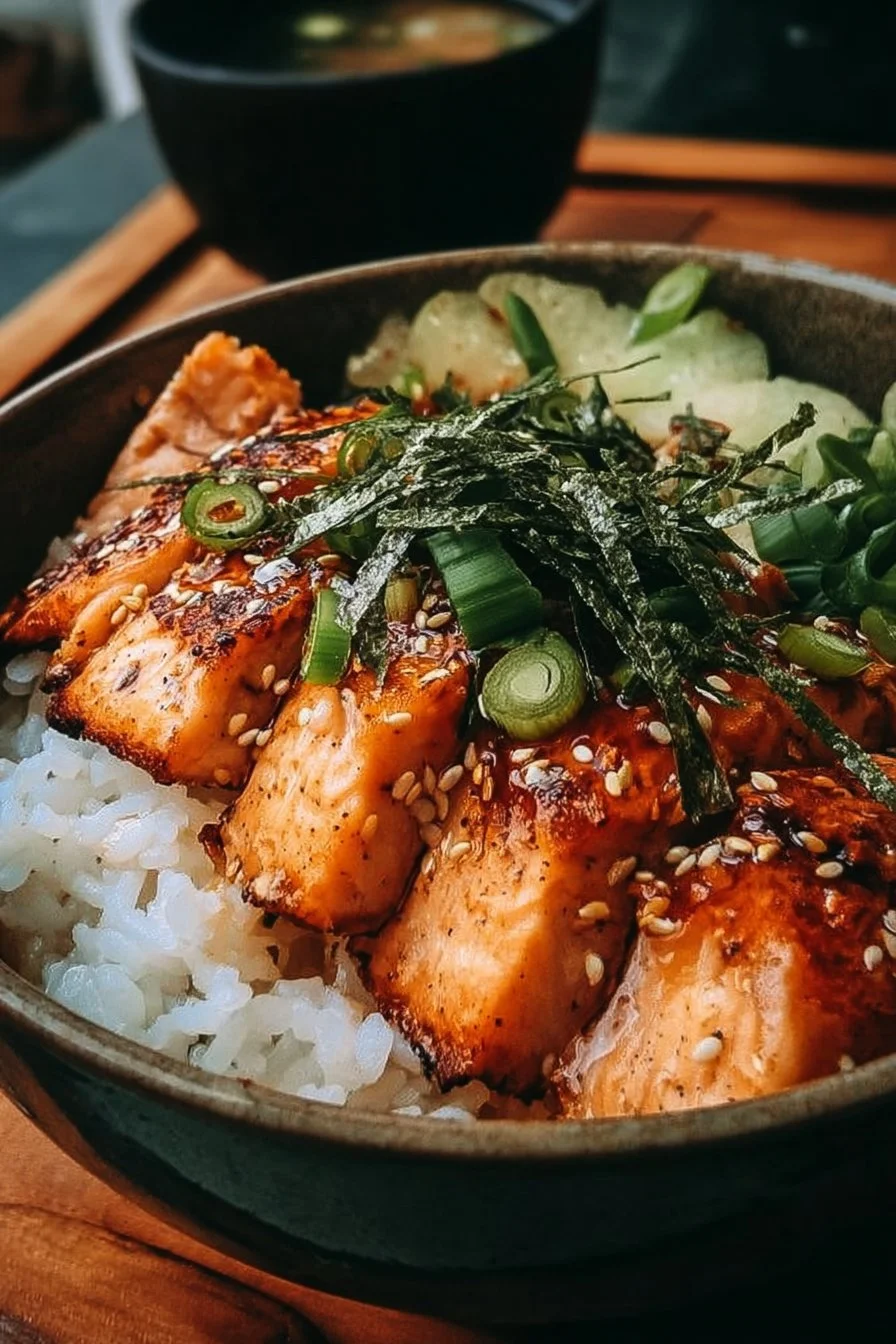 Delicious crispy salmon on a bed of rice with fresh vegetables