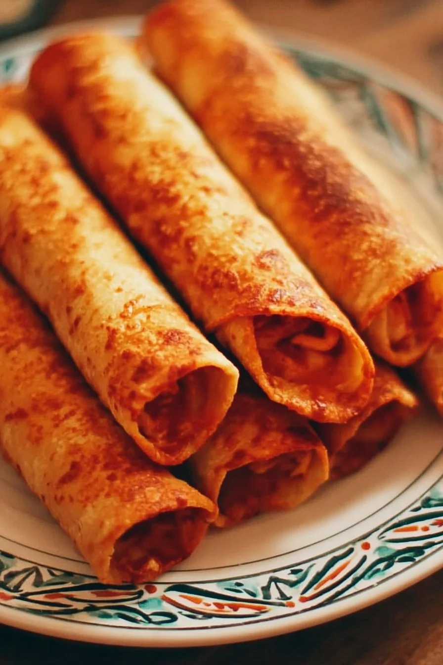Crunchy chicken taquitos served with dipping sauce on a plate