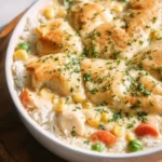 Crustless chicken pot pie topped with fresh herbs and vegetables