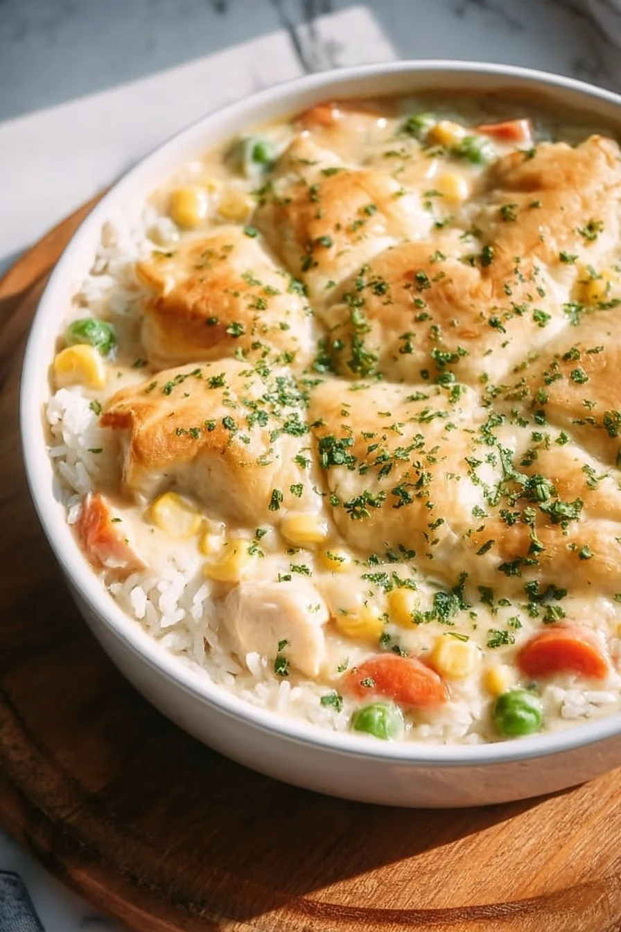 Crustless chicken pot pie topped with fresh herbs and vegetables