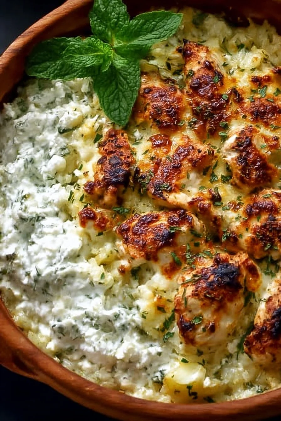 Delicious Dump-and-Bake Chicken Tzatziki Casserole topped with fresh herbs