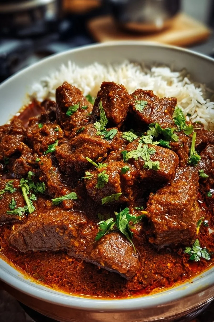 Delicious easy beef vindaloo served in a bowl with rice