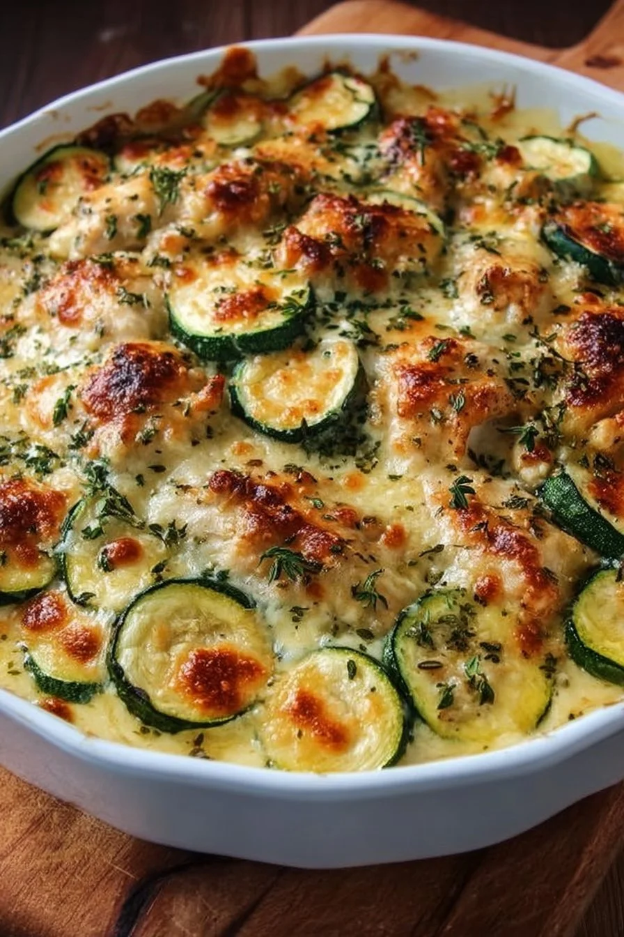 Easy chicken zucchini bake with cheese and herbs in a baking dish.